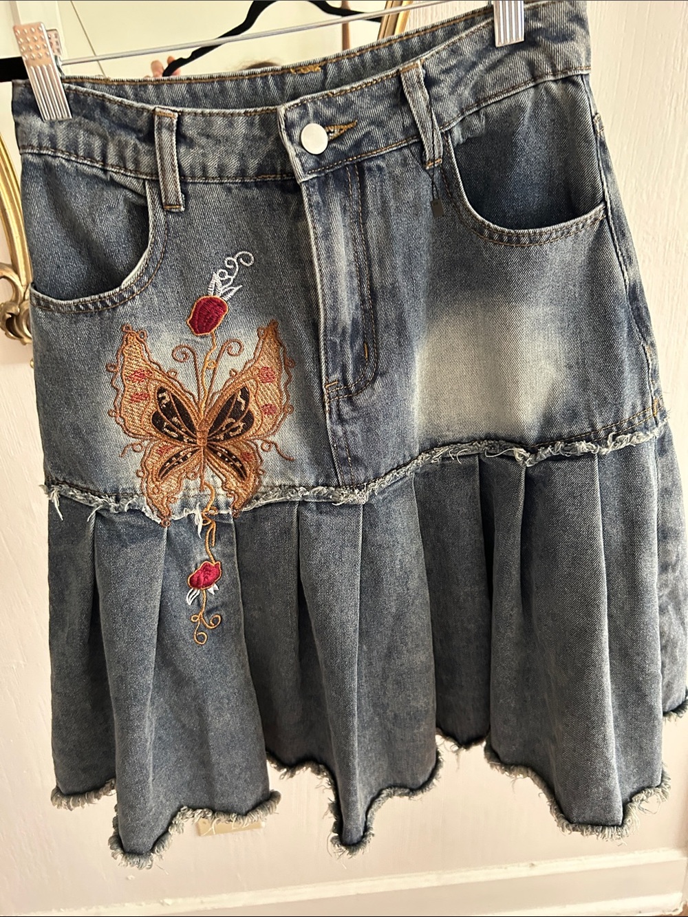 ROMWE Blue Denim Circle Skirt with Embroidered Butterfly